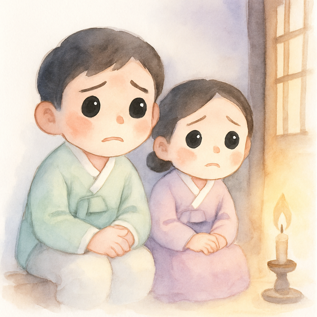 오빤와 여동생이 집에서 엄마를 기다리는 장면